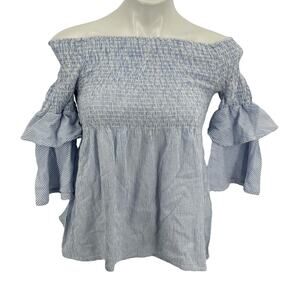 Cavalini Smocked Shirred Top SZ L Blue Women's Off the Shoulder Coastal Resort